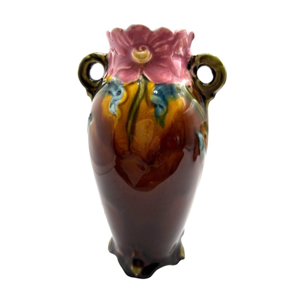 Antique French Art Nouveau Majolica Vase Floral Motif Vivid Colors (READ)